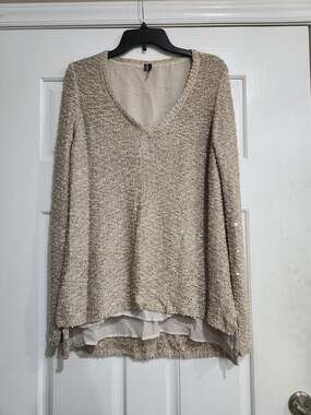 Maurices Beige Sequin-Embellished V-Neck Long-Sleeve Knit Top